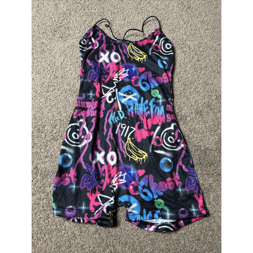 Women’s Small Shein Multicolor Graffiti Bodysuit Romper Gym One Piece Outfit